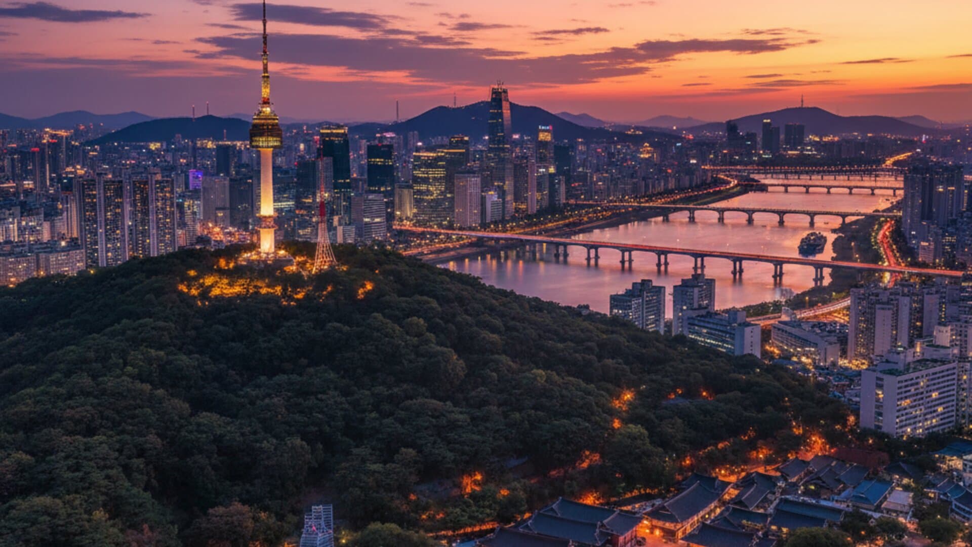 Seoul at twilight with N Seoul Tower and traditional hanok villages